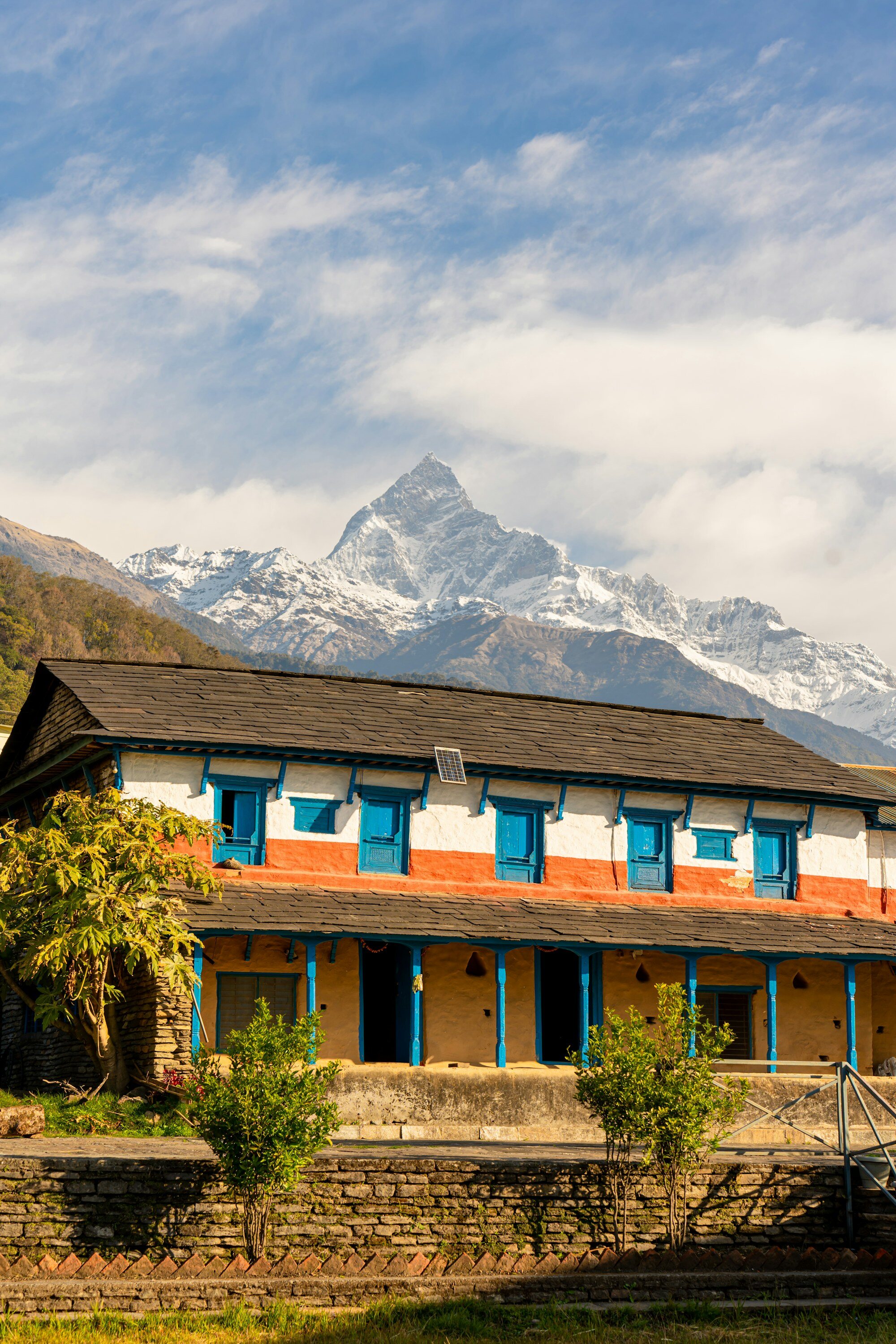Nepali lodge beneath Machhapuchhre in Kaski, Nepal